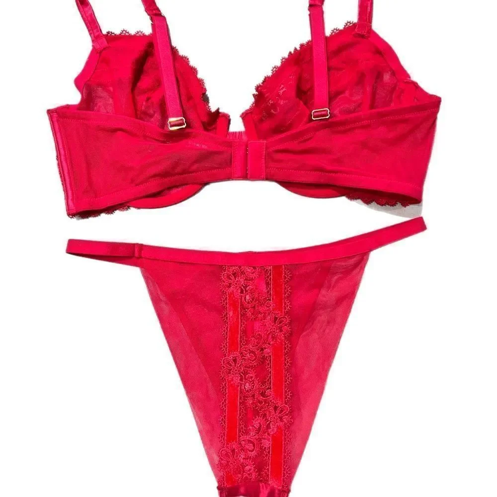 Victoria’s Secret LUXE Sexy Mesh Lace Velvet Unlined Demi bra & Brazilian Panty